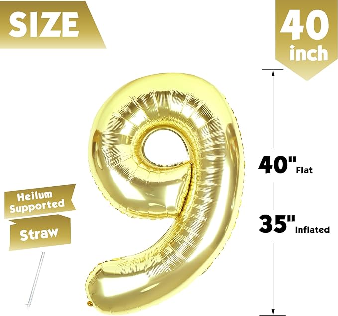 40 Inch Champagne Gold Number 9 Balloon, Giant 9 Number Balloons for 9th Birthday Decorations, Party Supplies for Baby Boy Girl, Champagne Gold Party Decor