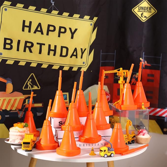 Gerrii 24 PCS Construction Cone Cups with Straws Bulk - 10 oz Reusable Traffic Cones Plastic Cups Set for Traffic Race Car Birthday Party Supplies (Orange)