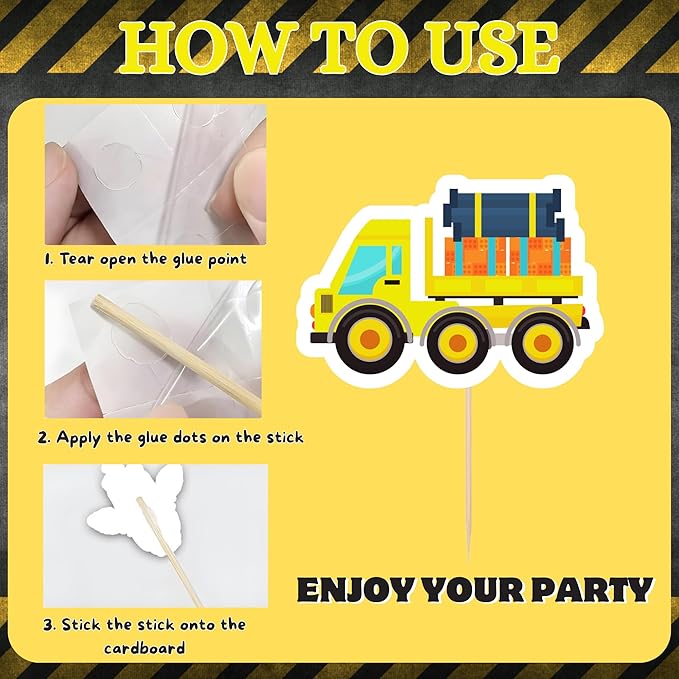 24 PCS Construction Cupcake Toppers Stop Sign Dump Truck Excavator Tractor Party Cake Food Picks Decorations for Construction Theme Baby Shower Kids Birthday Party Supplies