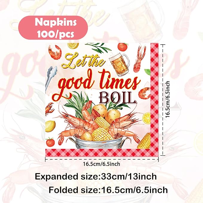 100Pcs Let The Good Times Boil Napkins Crawfish Boil Party Supplies Freedom Lobster Seafood Boil Birthday Theme Disposable Luncheon Dinner Table Decor Supplies Napkins 6.5" x 6.5"