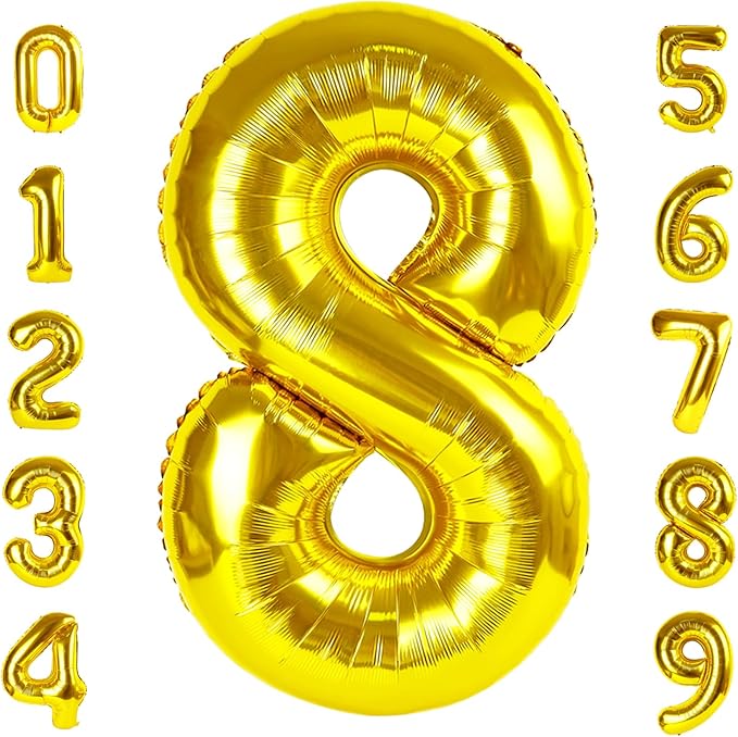 40 Inch Number 8 Balloon, Gold 8 18 28 80 Birthday Balloons for Men Boys, 8th Birthday Decorations Party Supplies, Wedding, Graduations