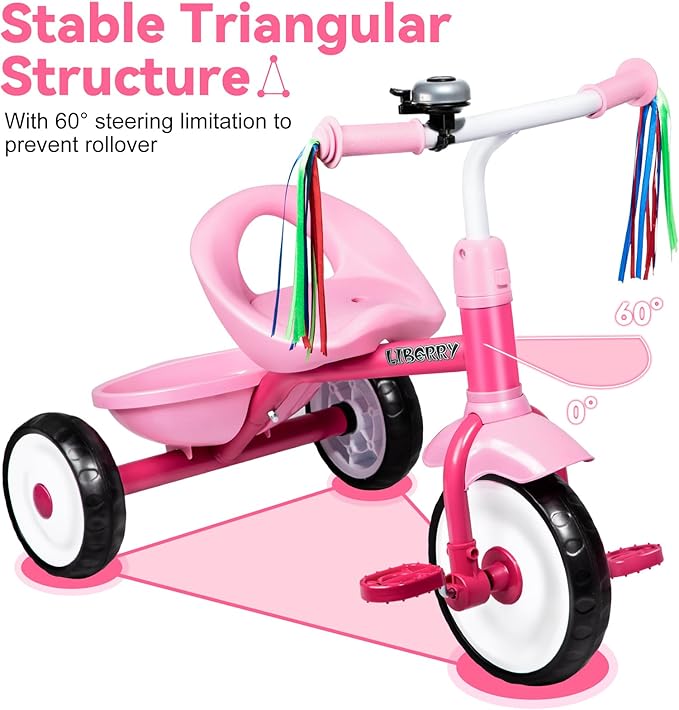 Liberry Toddler Tricycle Age 2 3 4 Years Old, Kids Trike with Bell, Back Basket and Removable Pedal, 3 Wheel Bike Birthday Toys Gift for Girls Boys, Pink