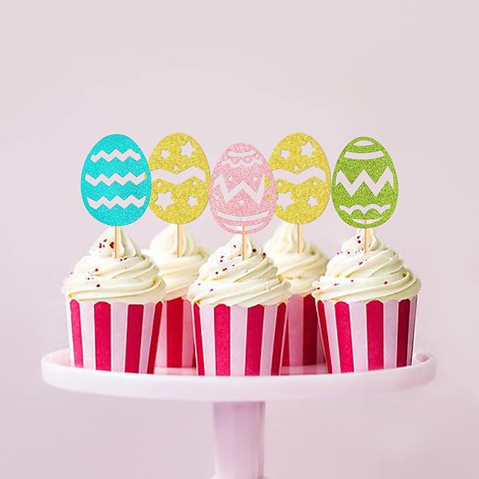 Ercadio 24Pcs Glitter Colorful Easter Eggs Cupcake Toppers Glitter Easter Eggs Cupcake Picks for Easter Egg Hunting Cupcake Toppers Easter Day Baby Shower Birthday Wedding Party Supplies