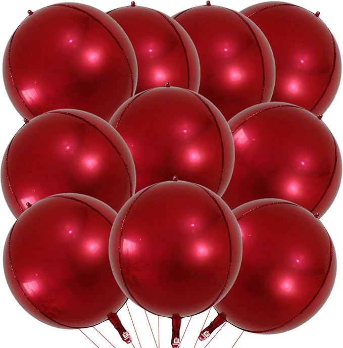 KALOR 10 Pcs 22 Inch Burgundy Red Mylar Balloons, Large 4D Giant Round Foil Balloon Big Mirror Metallic Balloons for Birthday Party Baby Shower Gender Reveal Supplies