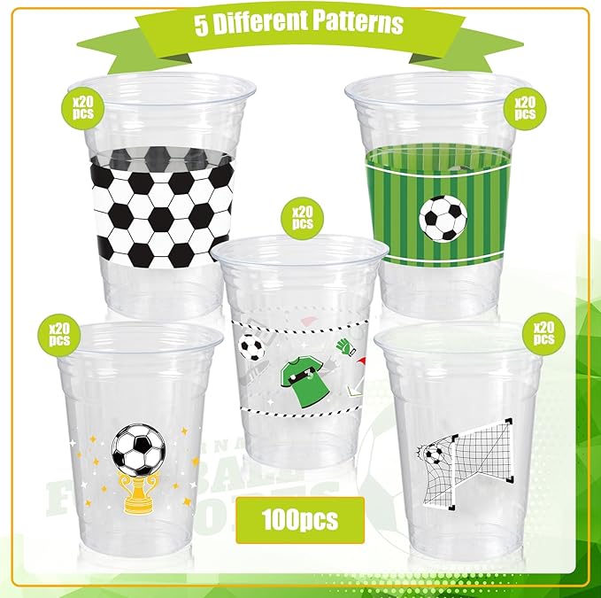 100Pcs Soccer Party Decorations Cups, 12 OZ Disposable Plastic Drinking Cups for Sports Themed Tailgate Events Game Day Football Soccer Birthday Party Decor Supplies Favors