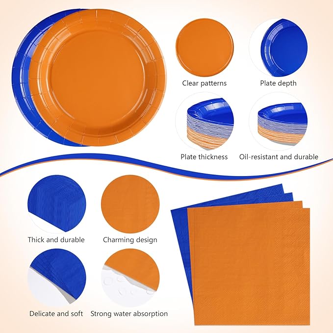 170Pcs Orange and Blue Birthday Party Supplies Blue and Orange Plates and Napkins Cups Forks Tablecloth Dart War Tableware Sets for Boys Baby Shower Fiesta Congrats Graduation Party Favors Serves 24