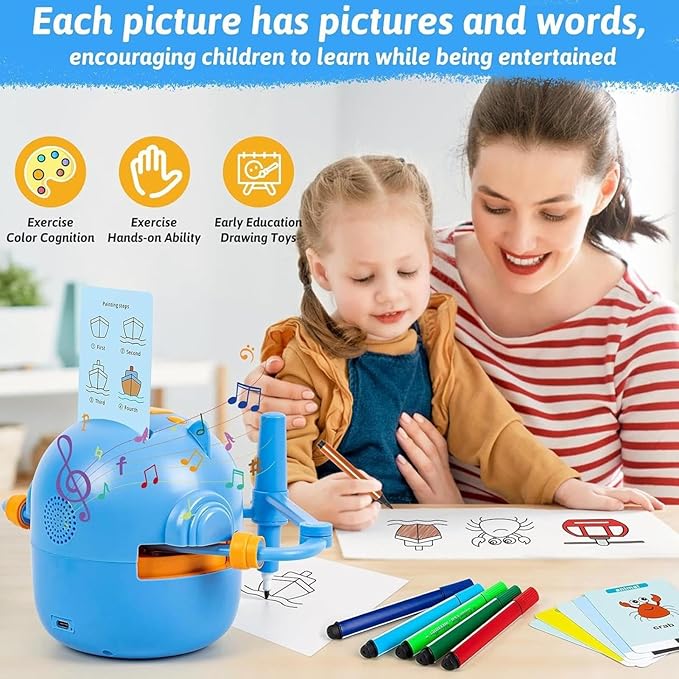 Drawing Robot for Kids, Interactive Kids Drawing Robot, Fun Drawings Robots Toy with Voice 100 Word Cards & 12 Color Pens, Educational Creatively Children Drawings Robots Painting Toy, for Boys Girls