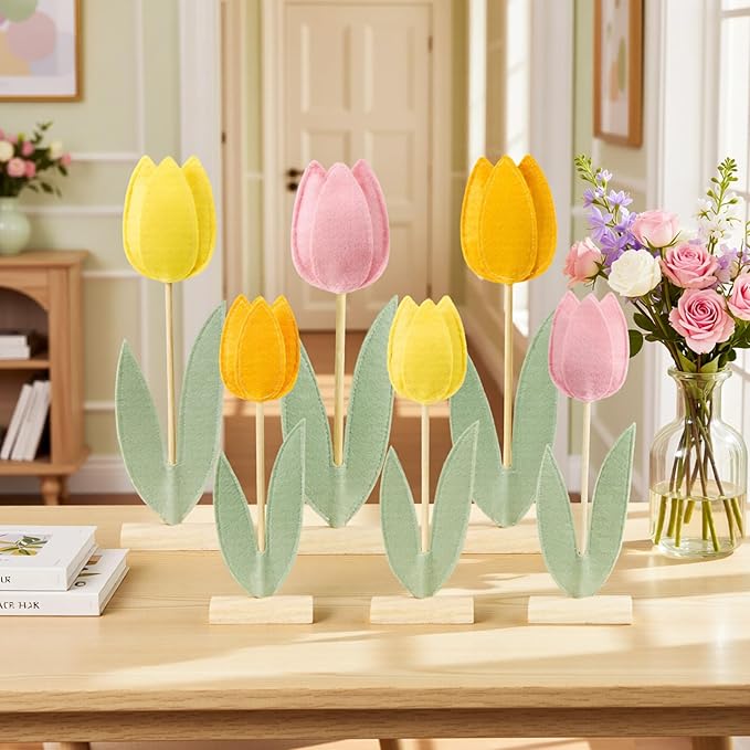 SUNBEAUTY 6Pcs Spring Tulips Flower Table Decoration Easter Tulip Felt Centerpiece Pink Yellow Orange Tulips Floral Tabletop Signs for Easter Garden Birthday Home Party Mothers Day Decor