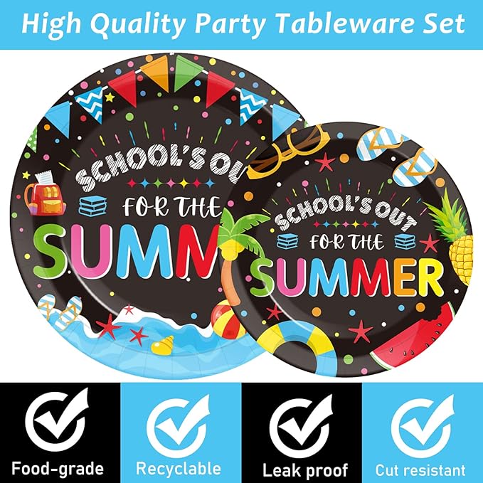 96 Pieces End of School Year Theme Tableware Set for Kids Class Summer Table Decorations Supplies School's Out Dessert Plates Napkins Forks for 24 Guests Tropical Beach Pool Disposable Party Favors
