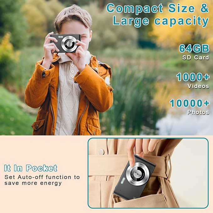 Digital Camera, Camera for Kids, UHD 4K 48MP Point and Shoot Digital Cameras with 64GB SD Card and 16X Digital Zoom Anti Shake, Compact Portable Small Gift for Boys Girls Students, Black