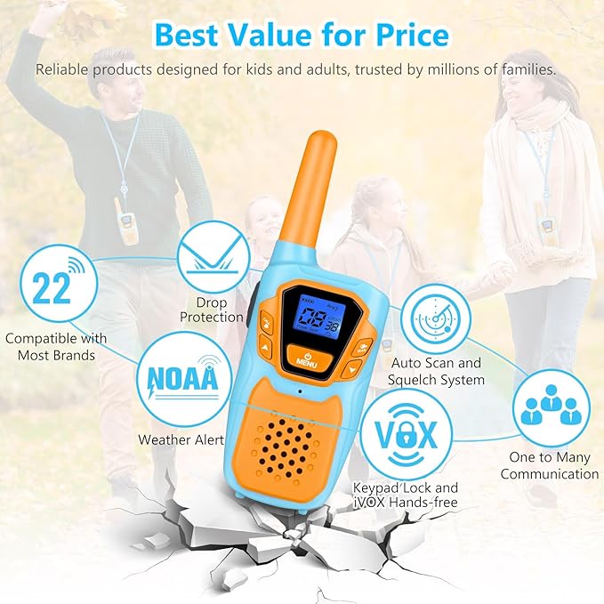 Walkie Talkies for Kids Long Range Walkie-Talkie for Adults Rechargeable 2 Way Radios 2 Pack with Lanyard NOAA USB VOX, Family Toys for 3-12 Year Old Boys Girls Toddlers Camping Hiking
