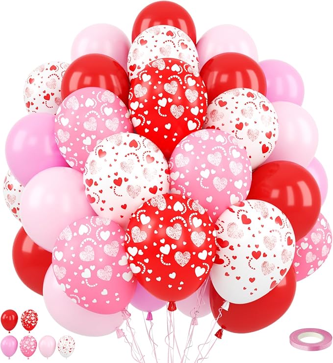 Red and Pink Balloons, 50 Pcs 12 Inch Pink and White Heart Printed Latex Balloon, Red Helium Heart Balloons, for Valentine’s Day Wedding Engagement Anniversary Baby Shower Birthday Party Decorations