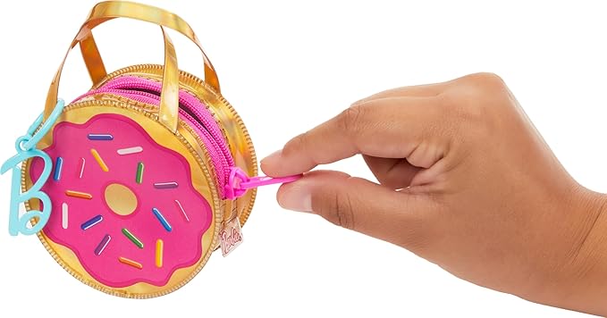 Barbie Clothes and Accessories, Deluxe Keychain Donut Bag with Pink Sprinkle Dress and Candy Themed Accessories for Barbie Dolls