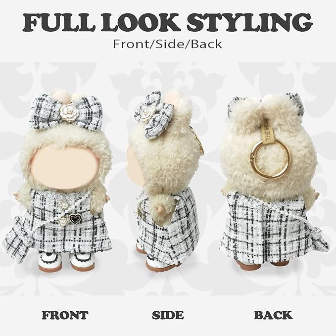 Clothes Compatible with LABUBU Doll – 4PCS Elegant Tweed Set, 17cm Doll Clothes Designer Outfit for Classic Monochrome Theme, Chic Stylish Accessories for Labubu, No Doll (Coco White Check)