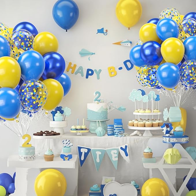Yellow Blue Balloons, 12 Inches Blue Yellow Balloon Double Stuffed Metallic Blue Balloons with Confetti Ballons for Birthday Graduation Baby Shower Party Decoration