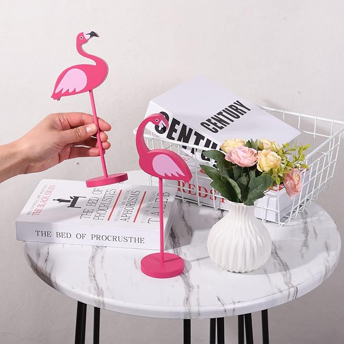 4Pcs Flamingo Wood Tall Standing Block Set Christmas Pink Flamingo Table Sign Tropical Bird Table Centerpieces Toppers for Home Office Desk Tier Tray Decor Party Supplies