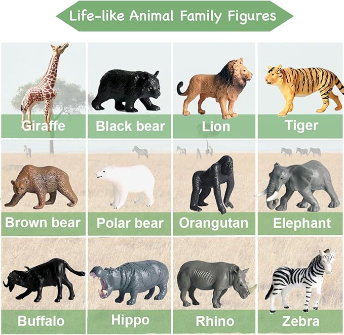 RUSON 12 Safari Animals Figures Toys with 12 Flash Cards, Realistic Mini Jungle Animal Figurines Cake Topper Party Supplies Montessori Animal Matching Game for Toddler Kids