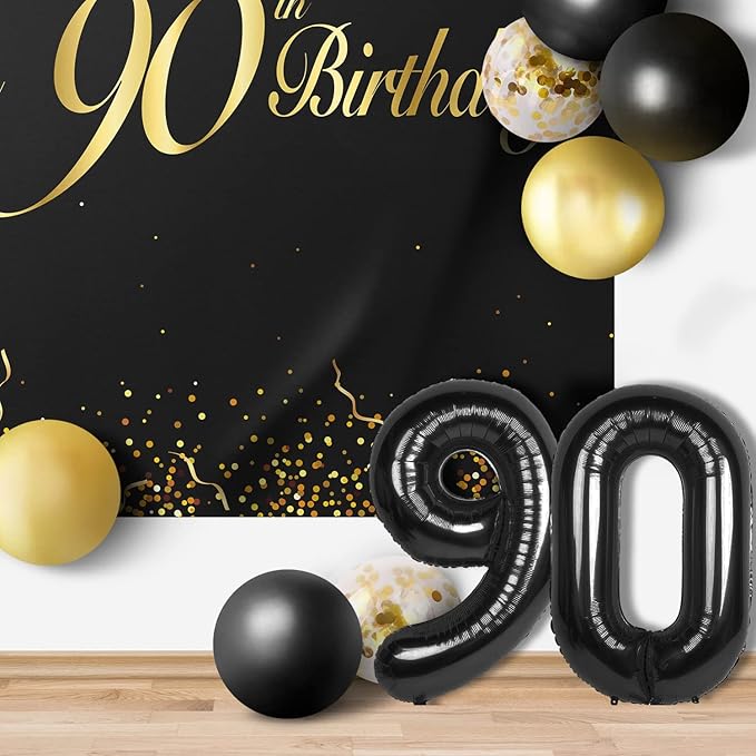 Happy 90th Birthday Balloons Black Set Decor - Cheers to 90 Years Old Party Theme Garland Banner Backdrop Decorations For Women and Men Supplies