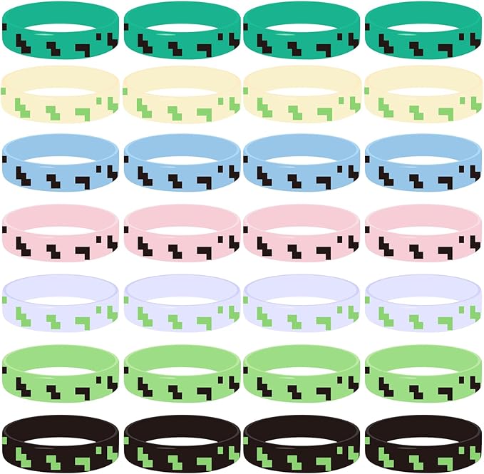 Pixel Party Favors,Miner Birthday Decorations,28 Pieces Glow in the Dark Silicone Bracelets,Birthday Party Supplies for Kids