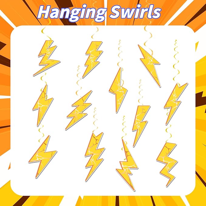 24 Pieces Lightning Hanging Swirls Flash Weather Streamers Gold Lightning Hanging Decorations Ceiling Swirls for Yellow Lightning Birthday Party Decorations Party Supplies Baby Showers Decorations