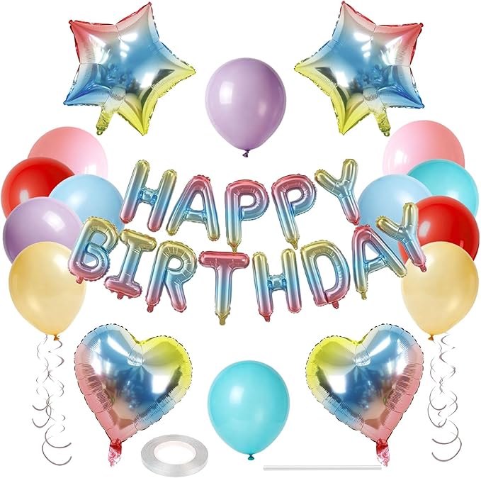 27 Pcs Iridescent Birthday Decorations, 3D Letters Iridescent Happy Birthday Balloon Banner, Pentagram Heart Foil Balloons Confetti Balloons Kit For Boys Girls Party Supplies