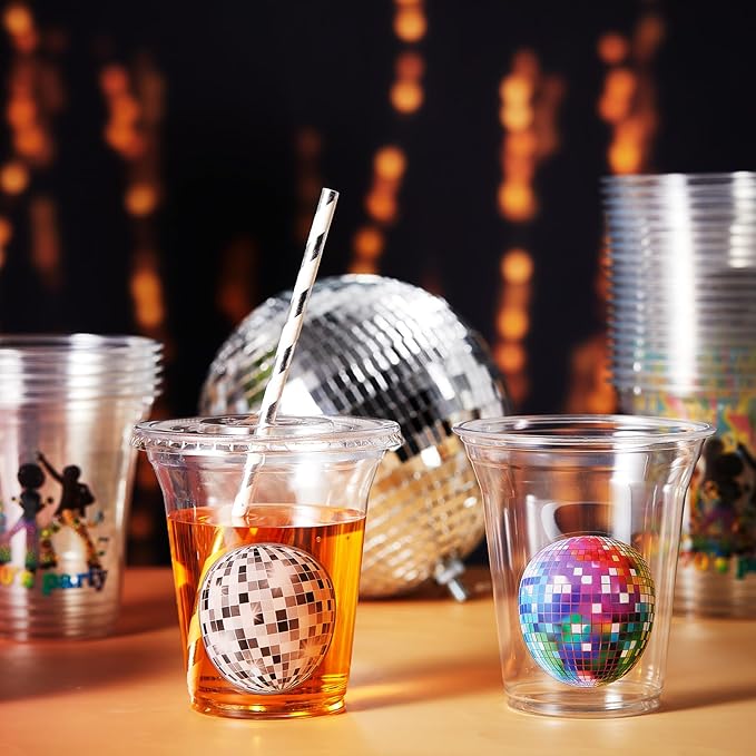 Boao 36 Sets 70s Disco Cups with Lids and Paper Straws 14 oz Disco Birthday Party Supplies Favors Disposable Clear Plastic Cups Bulk