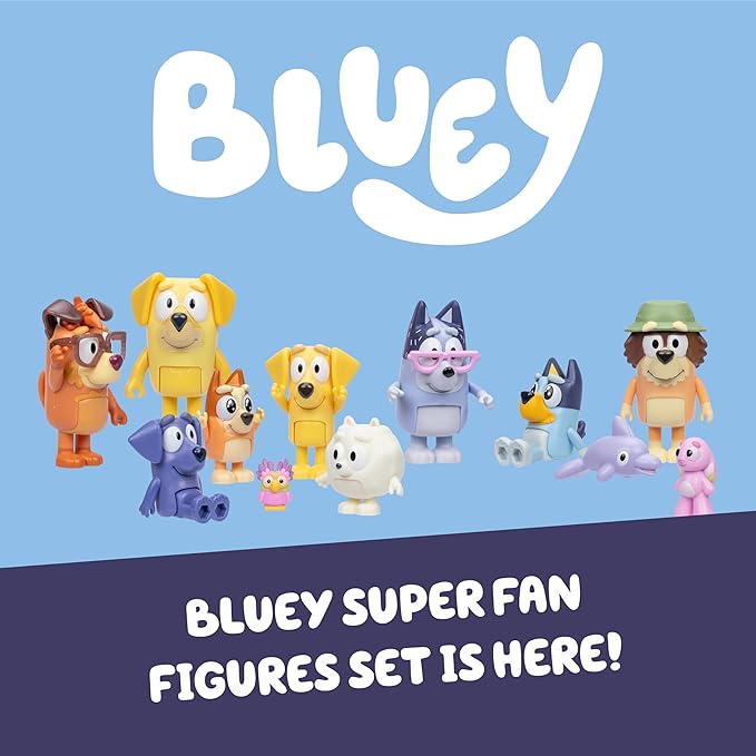 Bluey Super Fan Figurines for Toddlers Set, 11 Character Pack with Exclusive Figures, Toddler Figurine Toys Includes Bluey, Bingo & More, Ages 3+