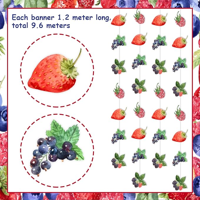 Kreatwow Berry Party Banner Streamer 8Pcs Berry Party Decorations Strawberry Blueberry Birthday Decoration Fruit Jamberry Banner Sweet Fruit Theme Decor for Strawberry Blueberry Birthday Baby Shower