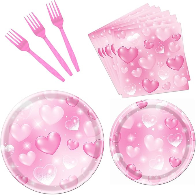 Rakuto 96PCS 2000s Party Decorations - Y2k Heart Disposable Paper Plates and Napkins Tableware Set Party Decoration Y2k 90s Forks Decor for Birthday Wedding Party Supplies, Serve 24