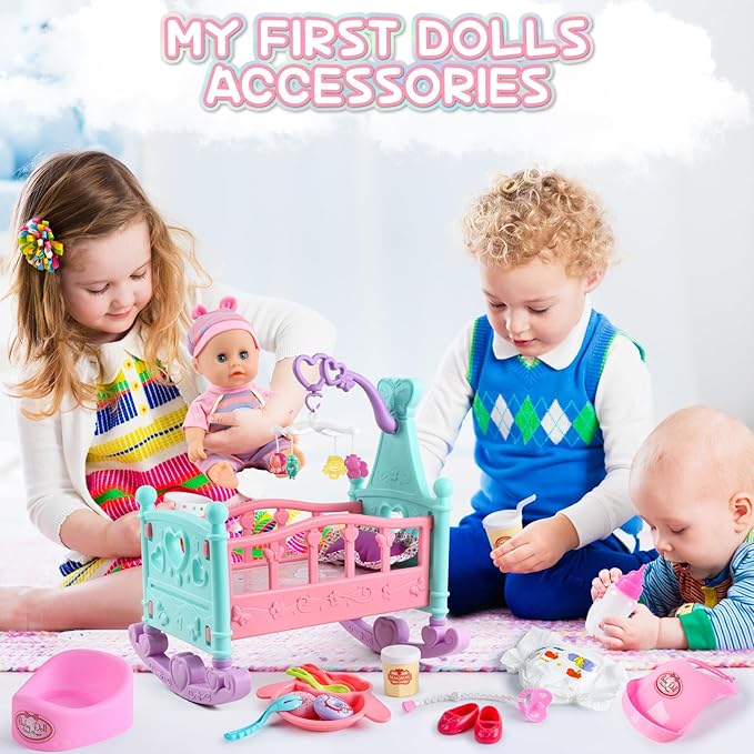 deAO Baby Doll Set with Crib Bed High Chair Stroller Baby Doll Accessories 20 Pieces Play Set Birthday for Girls Boys Kids