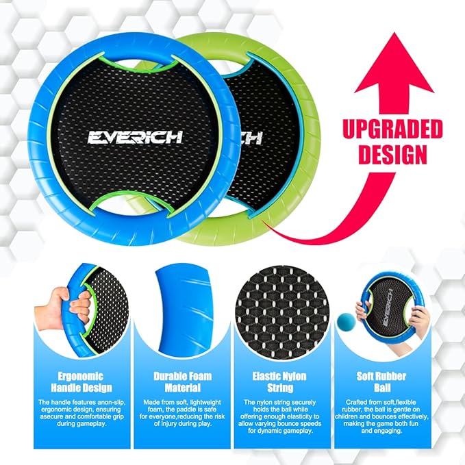 EVERICH TOY Trampoline Paddle Ball Set with 2 Bouncy Paddles & 4 Balls - Soft Foam Design for Kids Play Indoor Outdoor Beach Backyard Lawn - Great Gift Idea for Boys & Girls