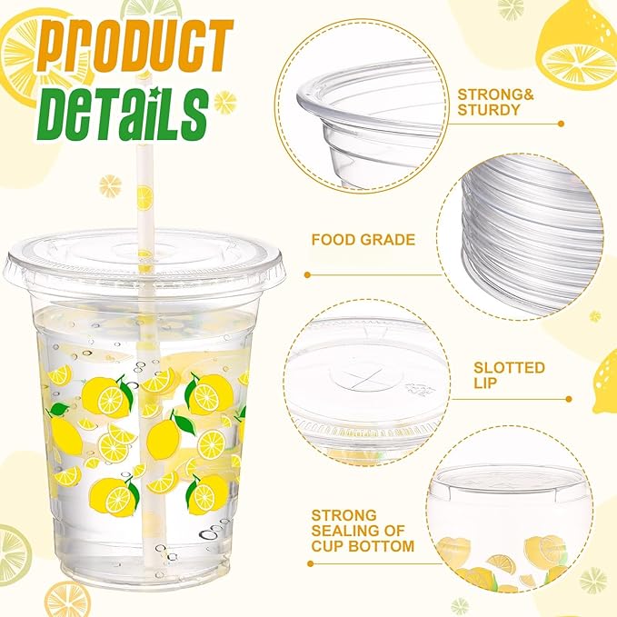 Yungyan 50 Sets 16 oz Lemon Plastic Cups Lemonade Cups with Lids and Straws Disposable Yellow Fruit Ice Coffee Juice Drinking Cup for Lemonade Stand Supplies Birthday Baby Shower Party Decoration