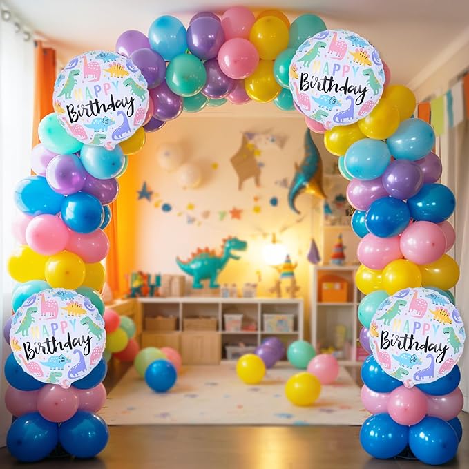 18" Dinosaur Balloons for Party Decorations, 4pcs Colorful Mylar Round Dinosaur Balloon, HAPPY Birthday Dino Foil Balloons for Kids Jungle Dino Themed Baby Shower Birthday Party Decor Supplies