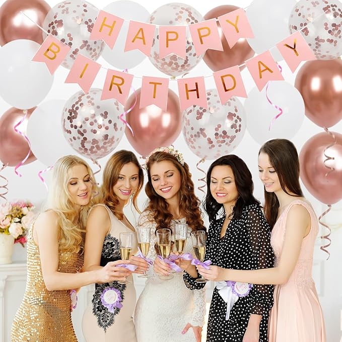 Happy Birthday Banner, Rose Gold Birthday Decoration, 16 pcs 12 inch Balloons with 2 Ribbons for Girl and Women Party Decoration