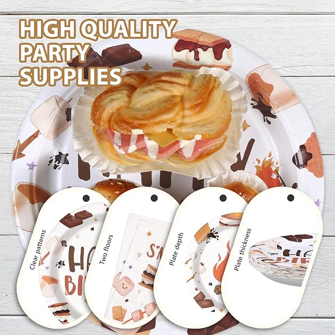 96 Pcs S'Mores Camping Birthday Party Decorations It's S'more Fun to Be One Plates and Napkins Disposable First Birthday Tableware Set for Kid Camper Bonfire Camping Theme 1st Party Supplies Serves 24