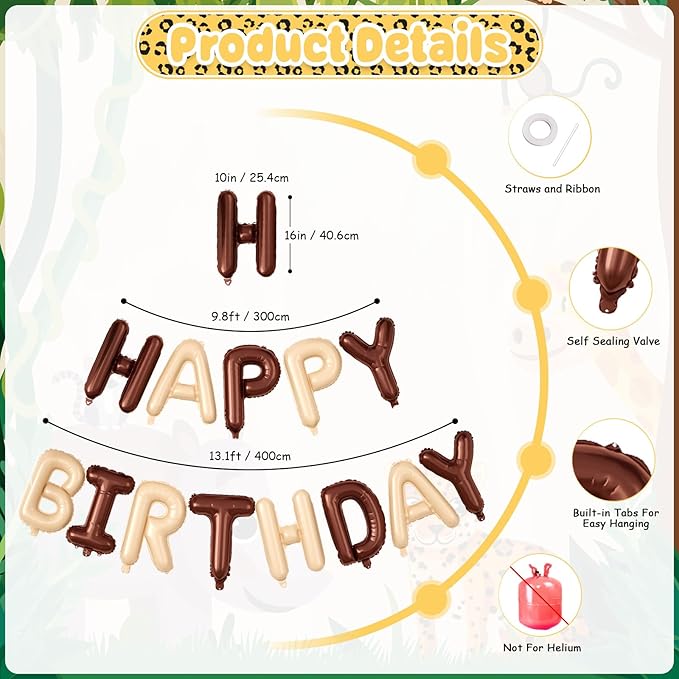 29PC Cream Brown Leopard Happy Birthday Balloon Banner, 16Inch 3D Aluminum Letter Banner Sign, Gold White Cheetah Printed 18 Inch Black Brown Star Foil Balloons for Leopard Cheetah Party Decorations