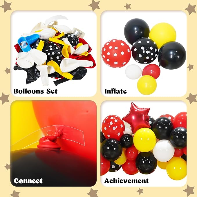 YIIHMEI Cartoon Mouse Birthday Party Decorations Supplies with Black Red Style Letters Banner Balloons Kit for Boy's -105Pcs