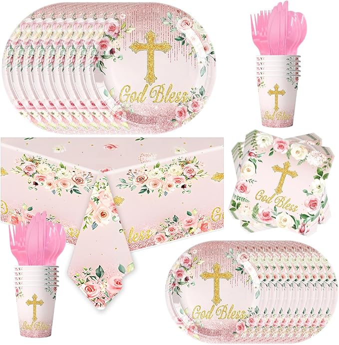 81Pcs Pink God Bless Party Tableware Set Pink First Communion Theme Decoration, Newborn Baptism Church Birthday Party Supplies