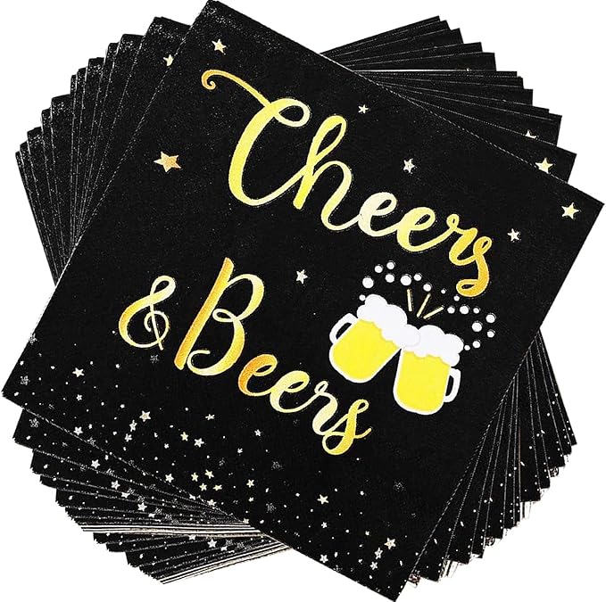 40 Pcs Cheers & Beers Napkins Cheers Beer Party Supplies Disposable Cocktail Napkins Black and Gold Foil Paper Napkins for 30th 40th 50th 60th 70th 80th 90th Birthday Wedding Anniversary Decoration