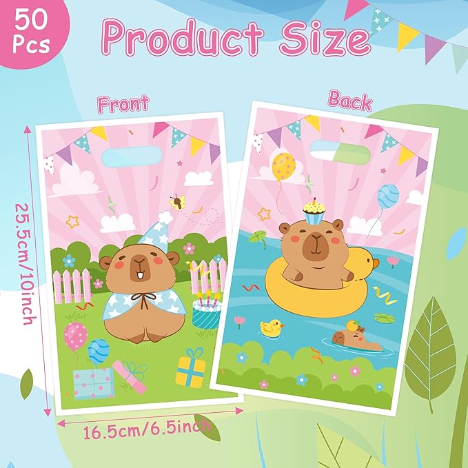 Capybara Party Favor Bags - 50Pcs Pink Capybara Patterns Goody Candy Treat Bags, Cute Animals Themed Party Decorations for Kids Boys Girls Birthday Baby Shower Animals Events Supplies