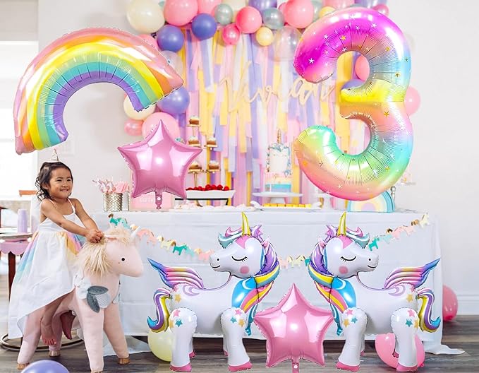 6PCS Self Standing Unicorn Balloons, Unicorn Balloon, Large Rainbow Balloon, Colorful Number 3 and Star Balloons for Girl 3rd Birthday Party Decorations Supplies.(3rd)
