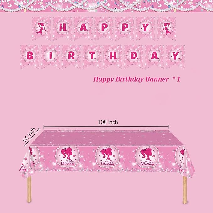 170 Pcs Girl Party Plates for Princess Pink Party Decoration, Serves 24 Guests Plates and Napkins Cup Tablecloth Dinnerware for Princess Doll Theme Girl Birthday Party Tableware (24 Guests)