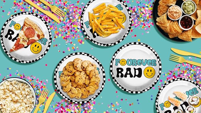 Fourever Rad Smiley Face Fourth Birthday - 32 Piece Disposable Party Supplies - Decorations for Boy's 4th Birthday Round Party Plates - Large 9" Paper Plates In Bulk