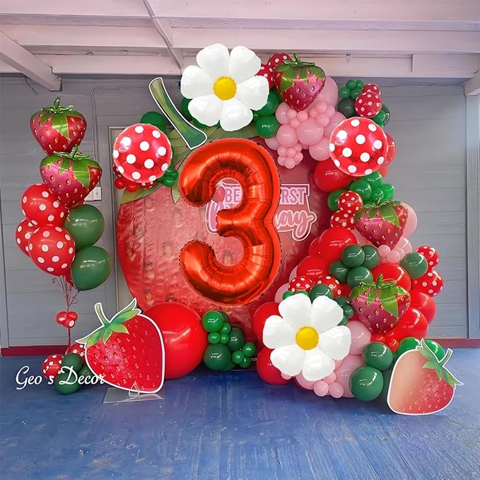 Strawberry Balloons Third Birthday Decorations for Girl, 40 Inch Mylar Red Number 3 Balloons, Strawberry Balloon for Strawberry Party Decorations, Strawberry Birthday Decorations