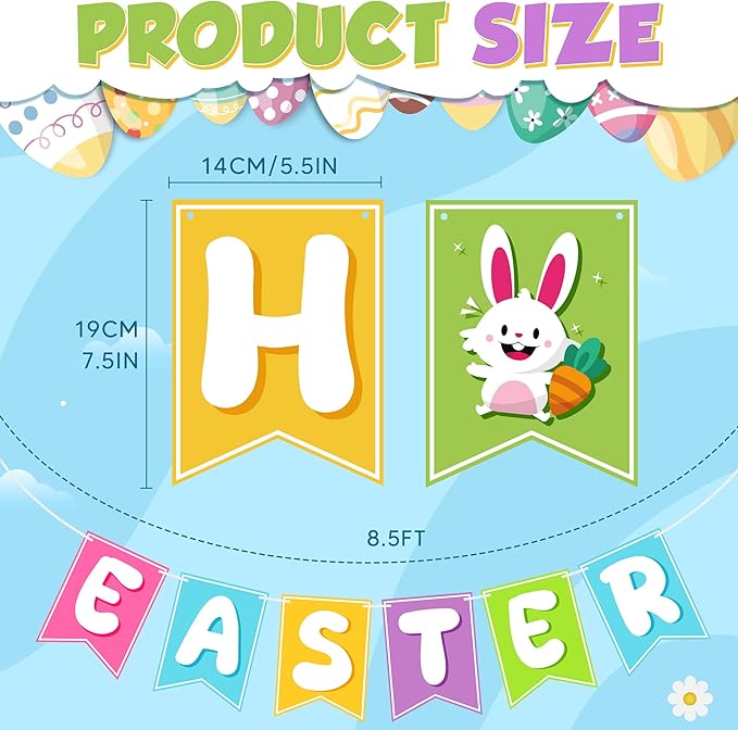 OHOME Easter Decorations - Happy Easter Banner | Bunny Party Decorations for Indoor Outdoor Outside - Bunny Egg Garland for Front Door | Easter Backdrop Wreath for Window Wall - Easter Decor