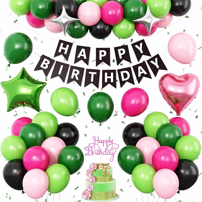 Black Green Pink Birthday Decorations,Hot Pink Green Party Balloons Banner Star Heart Foil Balloon Girls Boys Baby Shower Supplies