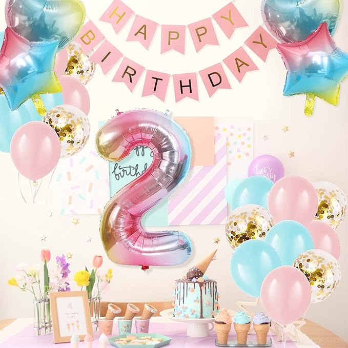 2nd Birthday Decorations for Girls - Gradient Color Age 2 Balloons with Happy Birthday Banner for Baby Showers & Parties