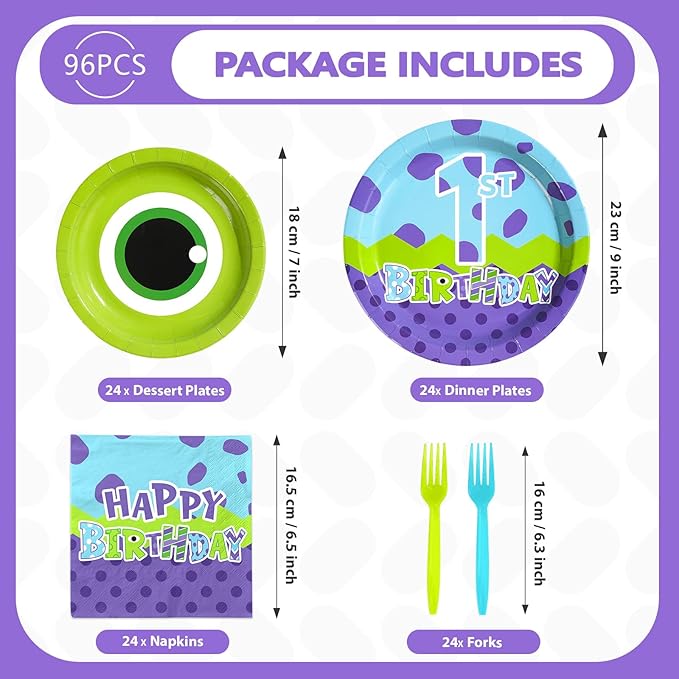 96Pcs Monster Birthday Party Supplies 1st Monster Theme Party Plates and Napkins Disposable Green and Purple Cartoon Tableware Set for Kids 1st Birthday Baby Shower Decorations Serves 24