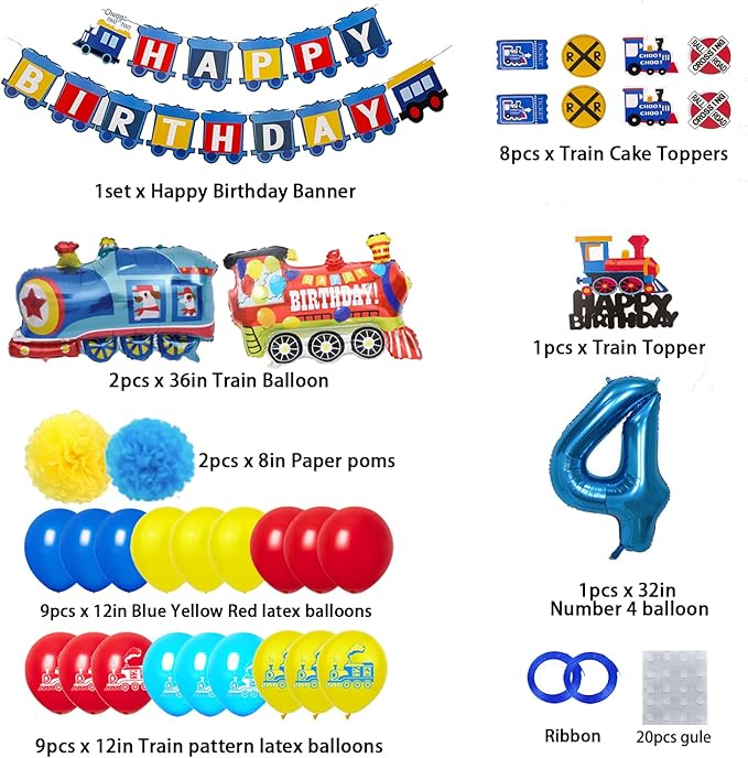 Train 4st Birthday Decorations Boys Train, 4 Years Old Birthday Party Supplies With Number 4 Foil Balloons Train Birthday Banner,Latex Balloons, Cake Topper, For Kids Train Birthday Party Decoration
