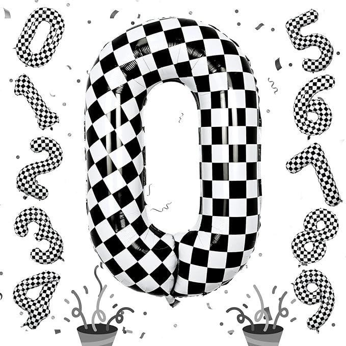 40 Inch Black and White Checkered 0 Balloon, Foil Number 0 Balloons Decor, Giant Self Inflating Helium 0 Racing Balloons for Boys Girls Birthday Race Car Flag Baby Shower Party Decorations Supplies